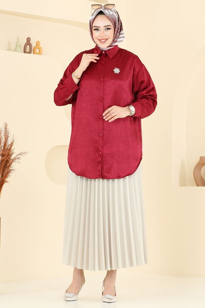 N.F.C. - Önden Düğmeli Saten Gömlek 5296NFC1010-MS Bordo - 387291