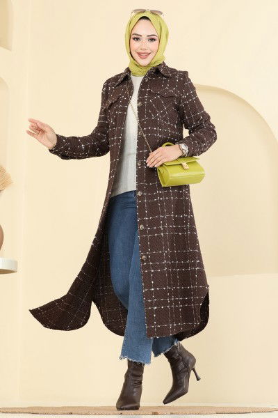 S.V.L. - Önden Düğmeli Tüvit Tunik 9052S324-MS Kahve