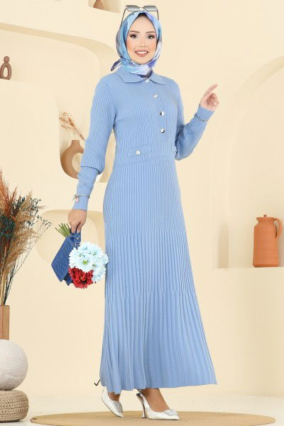 K.L. - Önden Yarım Düğmeli Triko Ellbise 8364KL398-MS Bebe Mavisi