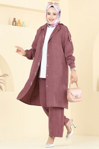 D.V.L. - Önü Çıtçıtlı Sofia Takım 442DVL817-MS Koyu Gül Kurusu