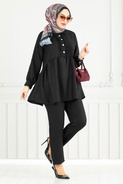 MRV T.G.E. - Önü Fırfırlı Keten Takım 6093TGE913-M Siyah