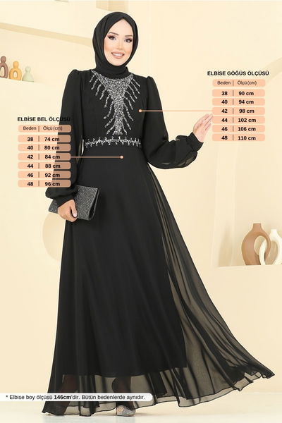MRV A.N.T. - Önü Taşlı Şifon Abiye 2425ANT904-M Siyah - 383034