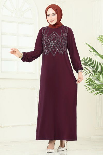 U.Z. - Önü Taşlı Şık Elbise 3401UZ662-MS Mürdüm