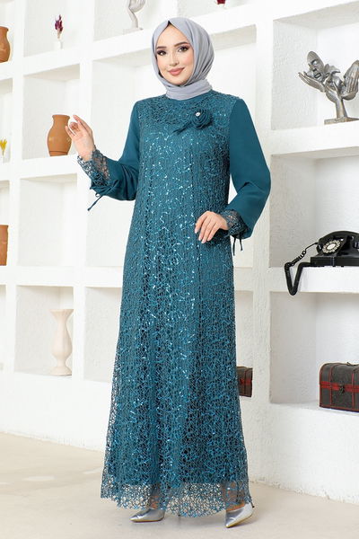 ASM - Pailletten Abendkleid Öl Blau KNC12020