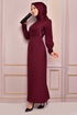 Pearl Detail Evening dress Burgundy ASM2553 - Thumbnail