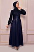 Pearl Detail Evening dress Navy blue ASM2483 - Thumbnail