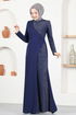 Pearl Detail Evening dress Navy blue ASM2530 - Thumbnail