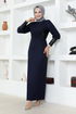 Pearl Detail Evening dress Navy blue ASM2553 - Thumbnail