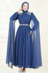 Pelerinli Şifon Abiye 7101AB368-MS İndigo - Thumbnail