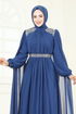 Pelerinli Şifon Abiye 7101AB368-MS İndigo - Thumbnail
