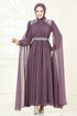 Pelerinli Şifon Abiye 7101AB368-MS Koyu Lila - Thumbnail