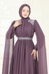 Pelerinli Şifon Abiye 7101AB368-MS Koyu Lila - Thumbnail