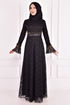 Perle Detail Abendkleid Schwarz ASM12397 - Thumbnail