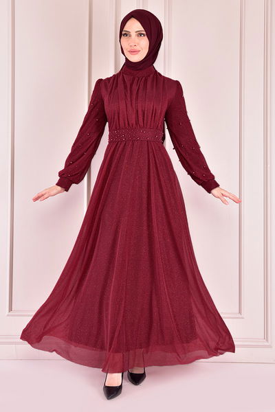 ASM - Perle Details Silbrig Abendkleid Bordeaux ASM2475