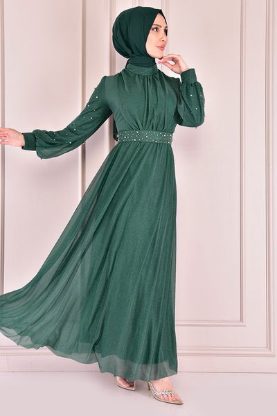 ASM - Perle Details Silbrig Abendkleid Smaragde ASM2475