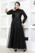 Perlen Gestickt Tüll Abendkleid LPN5014 Schwarz - Thumbnail