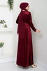 Pile Detailed Velvet Dress 2012EFY931-M Burgundy - Thumbnail