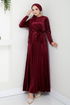 Pile Detailed Velvet Dress 2012EFY931-M Burgundy - Thumbnail