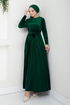 Pile Detailed Velvet Dress 2012EFY931-M Emerald - Thumbnail