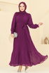 Piliseli Şifon Abiye Elbise 2150MP806-MS Mor - Thumbnail