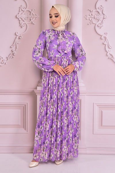 NEV - Piliseli Şifon Elbise Lila NEV24679