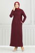 Pocket Detail Herringbone Dress 22032UKB929-M Burgundy - Thumbnail