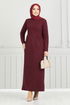 Pocket Detail Herringbone Dress 22032UKB929-M Burgundy - Thumbnail