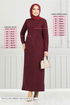 Pocket Detail Herringbone Dress 22032UKB929-M Burgundy - Thumbnail