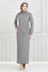 Pocket Detail Herringbone Dress 22032UKB929-M Grey - Thumbnail