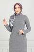 Pocket Detail Herringbone Dress 22032UKB929-M Grey - Thumbnail