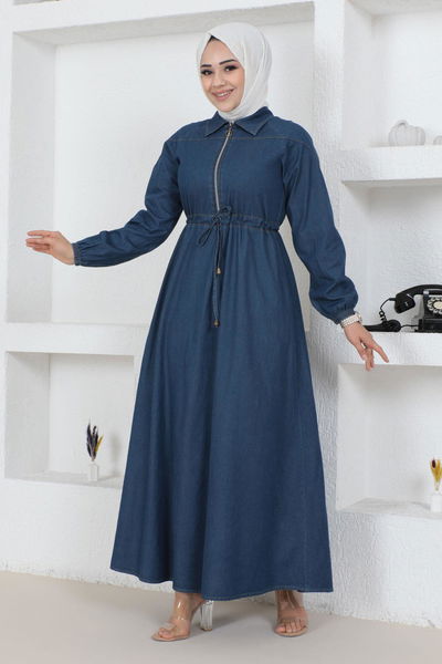 Modamihram - Reißverschluss Detail Schnürsenkel Jeans Kleid Dunkel Jeans MIH19119