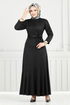 Ribbing Detailed Belted Dress 4054PM1063-M Black - Thumbnail