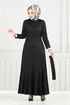 Ribbing Detailed Belted Dress 4054PM1063-M Black - Thumbnail