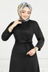 Ribbing Detailed Belted Dress 4054PM1063-M Black - Thumbnail