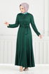 Ribbing Detailed Belted Dress 4054PM1063-M Emerald - Thumbnail