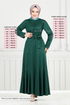 Ribbing Detailed Belted Dress 4054PM1063-M Emerald - Thumbnail