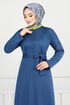 Ribbing Detailed Belted Dress 4054PM1063-M Indigo - Thumbnail