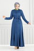 Ribbing Detailed Belted Dress 4054PM1063-M Indigo - Thumbnail