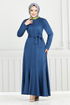 Ribbing Detailed Belted Dress 4054PM1063-M Indigo - Thumbnail