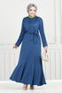 Ribbing Detailed Belted Dress 4054PM1063-M Indigo - Thumbnail