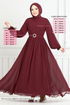 Riemen Schnalle Chiffon Kleid 5672END900-M Bordeaux - Thumbnail