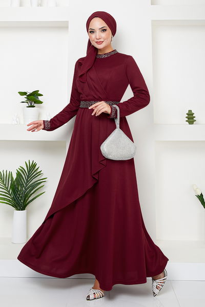 MRV D.V.L. - Riemen Stein Hijab Kleid 268DVL897-M Bordeaux