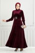 Riemen Stein Samt Abendkleid 3067EFY931-M Bordeaux - Thumbnail