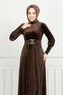 Riemen Stein Samt Abendkleid 3067EFY931-M Kaffee - Thumbnail