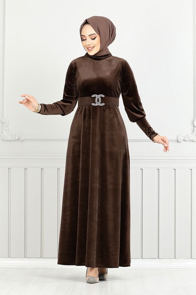 MRV E.F.Y. - Riemen Stein Samt Abendkleid 3067EFY931-M Kaffee