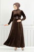 Riemen Stein Samt Abendkleid 3067EFY931-M Kaffee - Thumbnail