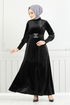 Riemen Stein Samt Abendkleid 3067EFY931-M Schwarz - Thumbnail