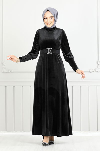 MRV E.F.Y. - Riemen Stein Samt Abendkleid 3067EFY931-M Schwarz