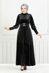 Riemen Stein Samt Abendkleid 3067EFY931-M Schwarz - Thumbnail