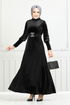 Riemen Stein Samt Abendkleid 3067EFY931-M Schwarz - Thumbnail